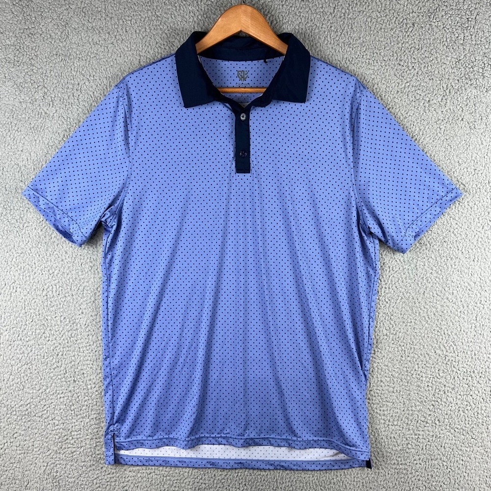 Graham Luxe Polo Golf Shirt Mens‎ Large Blue Polka Dot Performance Blend Stretch